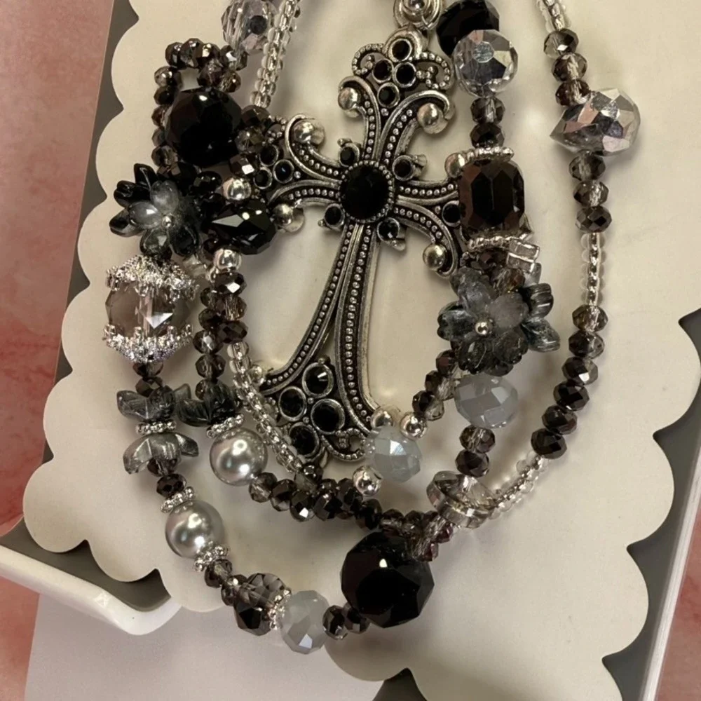 Cross Silver‎ Black Beaded Phone Wristlet Crystal Bag Charm Keychain Premium